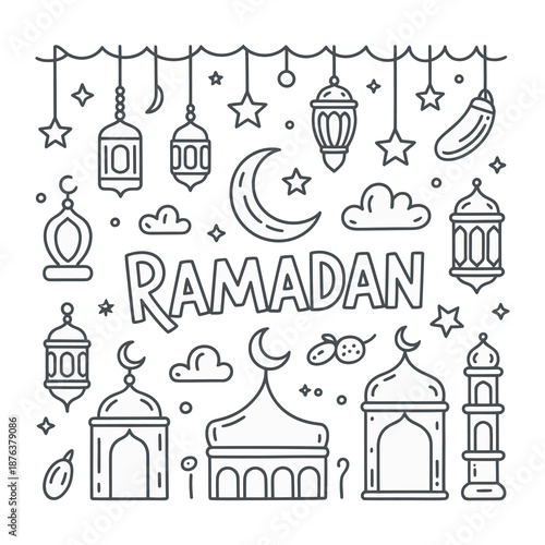 Ramadan Illustration: Festive Ramadan illustration. Features symbolic elements associated with the holy month of Ramadan, creating a visually rich and culturally significant artwork.