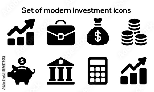 Black silhouette investment icons set featuring financial growth chart briefcase money bag coins bank piggy bank and calculator symbols
