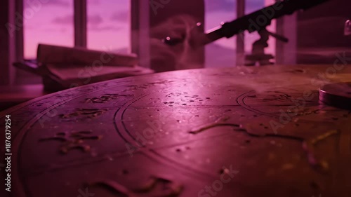 Magical Observatory Table with Astrolabe and Telescope at Sunset