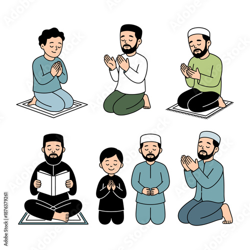 Islamic Prayer Scene: A series of illustrations depicts individuals engaged in prayer, highlighting the diverse practices and moments of devotion within the faith.