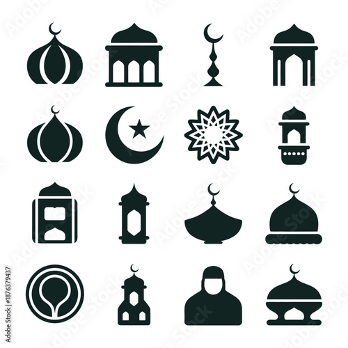 Islamic Symbol Collection: A curated collection of iconic Islamic symbols, elegantly illustrated in a unified style, depicting minarets, crescents, and ornate patterns.