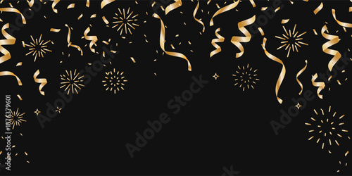 Gold Confetti and ribbons  poster banner cards background for celebration party design element, Golden tinsel, confetti fall in isolate black, white Festive celebration with confetti and fireworks
