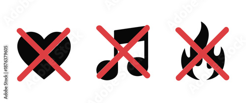 Forbidden Icons Set with Heart Music and Fire Symbols Strikethrough in Red