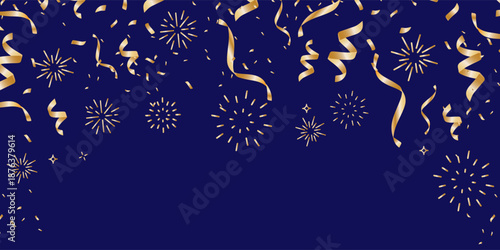 Gold Confetti and ribbons  poster banner cards background for celebration party design element, Golden tinsel, confetti fall in isolate black, white Festive celebration with confetti and fireworks