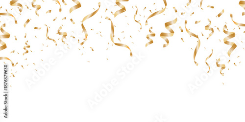Gold Confetti and ribbons  poster banner cards background for celebration party design element, Golden tinsel, confetti fall in isolate black, white Festive celebration with confetti and fireworks