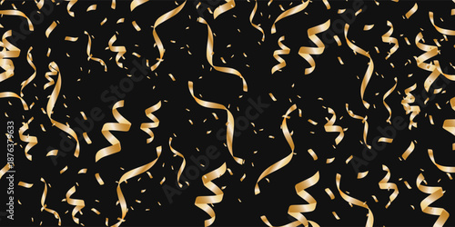 Gold Confetti and ribbons  poster banner cards background for celebration party design element, Golden tinsel, confetti fall in isolate black, white Festive celebration with confetti and fireworks
