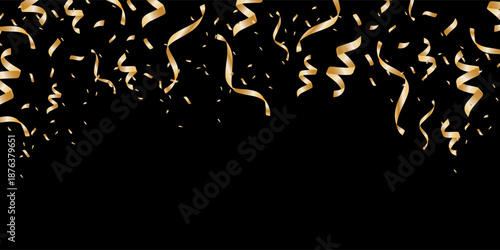 Gold Confetti and ribbons  poster banner cards background for celebration party design element, Golden tinsel, confetti fall in isolate black, white Festive celebration with confetti and fireworks
