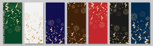 Gold Confetti and ribbons  poster banner cards background for celebration party design element, Golden tinsel, confetti fall in isolate black, white Festive celebration with confetti and fireworks