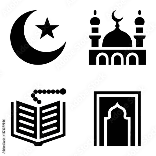 Sacred Symbols: A collage of significant symbols, each representing essential aspects of a specific faith, including the crescent moon and star, a mosque, prayer beads, and an open book.