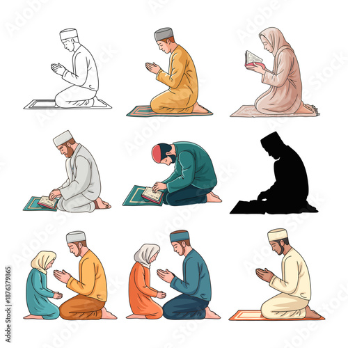 Spiritual Devotion: A collection of illustrations depict individuals engrossed in prayer, showcasing different aspects of spiritual devotion and religious practice.