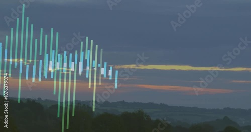semi-transparent digital financial chart overlay moving over dusk landscape in flat design