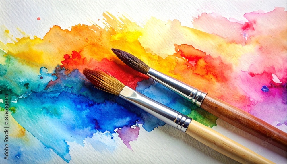 Fototapeta premium Watercolor painting in progress with vibrant brushstrokes and two paintbrushes on textured paper