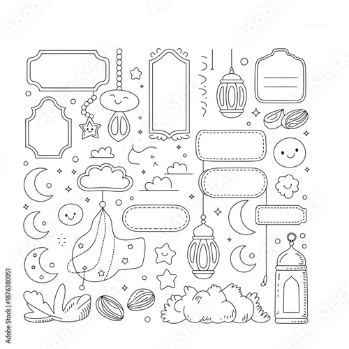 Ramadan Ornament Illustrations: Artistic rendering of traditional Ramadan lanterns, crescent moons, and stars creating a festive design element.