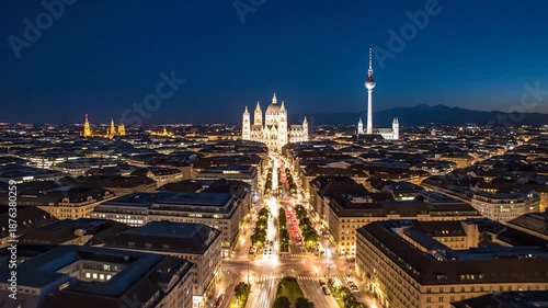 Munich Cityscape at Night with Marienplatz and TV Tower