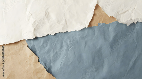 Grunge background with layers of wrinkled beige, white, and blue paper scraps for a textured aged effect. Suitable for vintage designs.