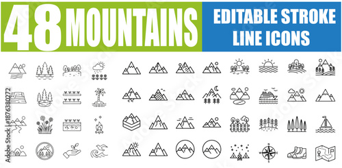 Set of 48 Outline Icons Related to Mountains - Mountain Range, Summit, Peak, Hill, Valley, Nature, Adventure, Hiking, Climbing, Travel, Landscape, Camping, Forest and More - Linear Icon Collection, Ed