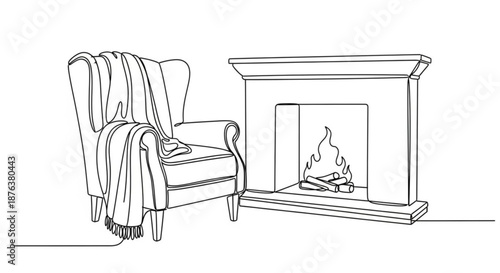 Cozy armchair with blanket beside a warm fireplace in a sketch  