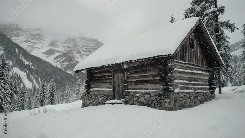 Wallpaper Mural A rustic wooden cabin sits nestled in a snowy mountain landscape, trees surround it under a cloudy sky Torontodigital.ca
