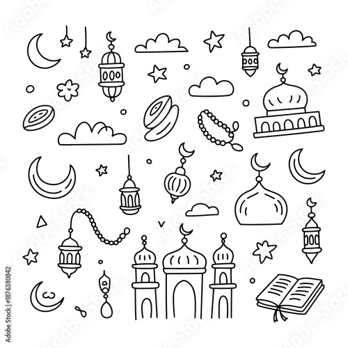 Ramadan Icons: A collection of meticulously crafted, elegant line art icons celebrating the spirit of Ramadan. The set captures the essence of this holy month.