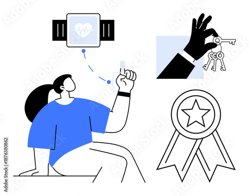 Fitness tracking, digital health, wearable tech, key access, achievement, goal setting. Woman interacting with smartwatch, hand holding keys ribbon badge. Fitness tracking and digital health concept