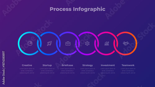 6 Steps Circular Process Infographic Diagram Presentation Template with Connected Options on Dark Purple Background