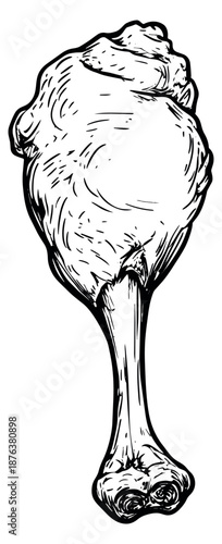Hand drawn line art illustration of a chicken drumstick depicting a cooked piece of poultry meat for food and restaurant themes