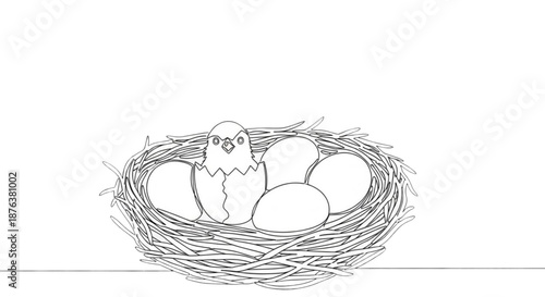 Hatching chick sitting in a nest with eggs on white background  