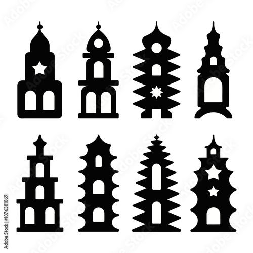 Symbolic Silhouette: A collection of meticulously crafted, elegant pagoda silhouettes. Each structure, a testament to architectural artistry, stands proud.