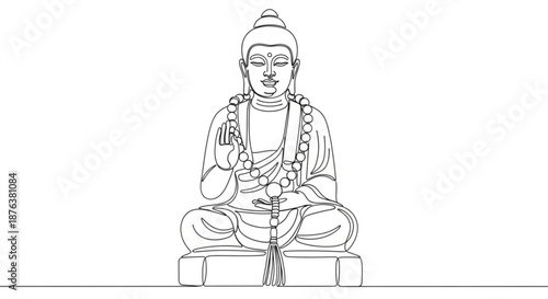 Outline of a seated Buddha statue with a prayer bead necklace  