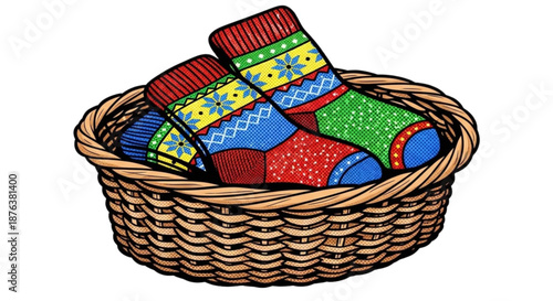Knitted socks in colorful patterns resting in a wicker basket  