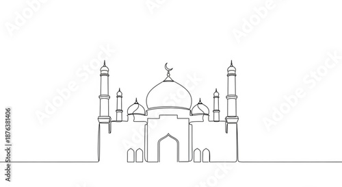 Single line drawing of a mosque silhouette on white background  