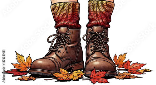 Knitted socks worn with brown leather boots in autumn leaves  