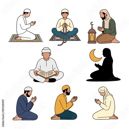 Praying Figures: A collection of diverse individuals, each immersed in prayer, showcasing the essence of faith and devotion through varied gestures and postures. 