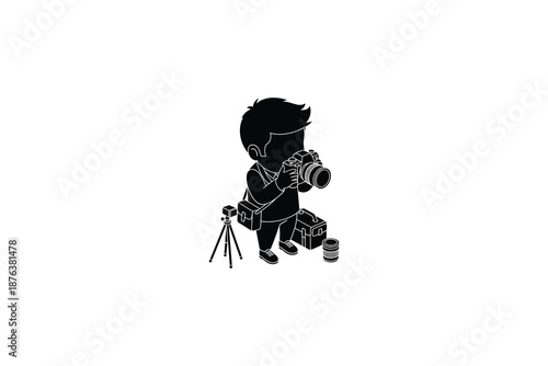 a black and white drawing of a person holding a camera and a tripod
