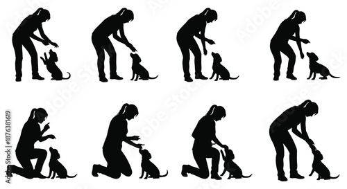 a woman and her dog in various interactive poses silhouette high quality professional detailed modern elegant