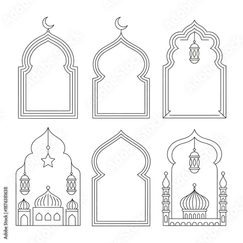 Islamic Architectural Design Elements: An elegant composition of stylized, intricate, and refined traditional Islamic arch and mosque structures.