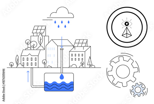 Renewable energy, eco-friendly living, urban sustainability, water conservation, smart technology, green solutions. A city with solar panels, water system gears and technological symbols. Renewable