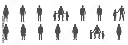 Front view people silhouette CAD blocks, architectural scale figures, men women and children, walking standing sitting. Vector illustration – Premium Architectural CAD Vector Collection