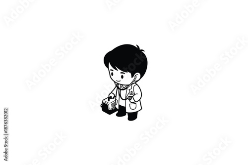 a cartoon boy with a stethoscope around his neck holding a medical bag