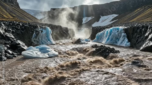 Observing Glacial Landscape with Flowing River and Steaming Waterfalls
