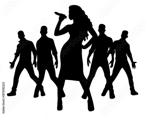 Obraz na plátně Silhouette of a woman singing accompanied by several dancers behind her, black and white style image, vector illustration