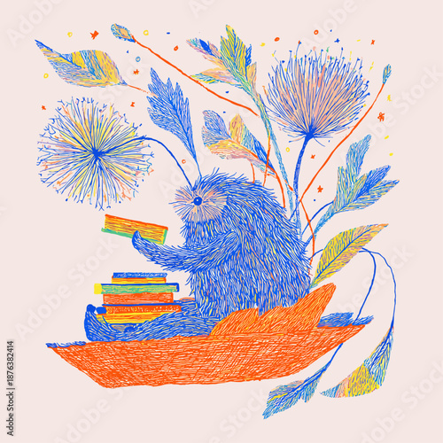 Whimsical Creature Holding a Flower Bouquet in a Colorful Landscape