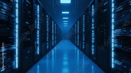 Futuristic Data Center Server Corridor with Blue Neon Lights, High-Tech Digital Infrastructure 4k video