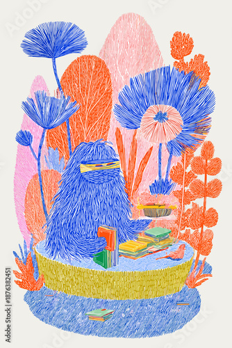 Whimsical Creature Holding a Flower Bouquet in a Colorful Landscape