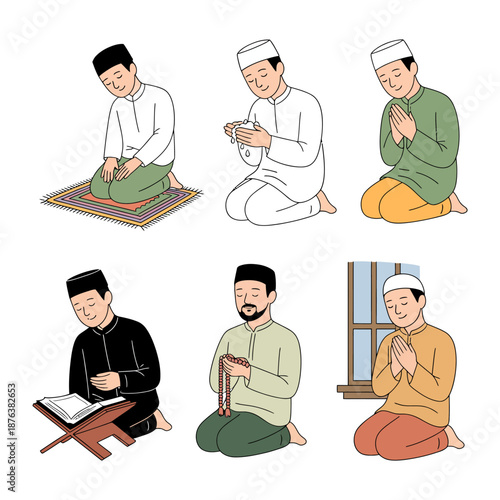 Islamic Prayers in Harmony: A vibrant illustration showcases diverse men engaged in prayer. Each individual exudes a sense of reverence and devotion as they perform various elements of Islamic prayer.
