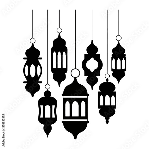Exquisite Lanterns: A collection of decorative lanterns, suspended with intricate design and elegance, represents a cultural celebration, their detailed forms against a backdrop of serenity.