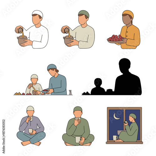 Ramadan Celebration: Illustration of a muslim man observing traditions during the holy month of Ramadan, engaging in various activities such as preparing food, consuming dates, and praying.