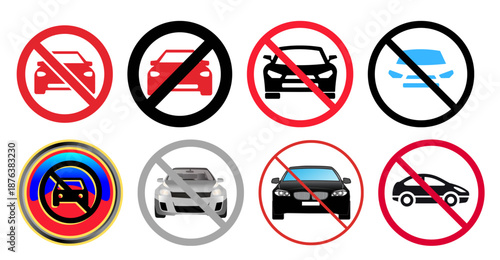 Collection of no car allowed sign on white background