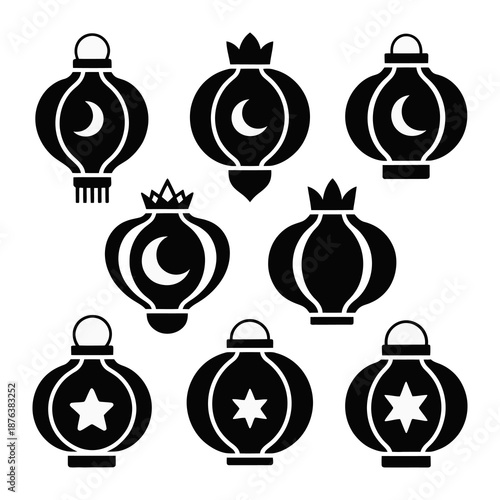 Festive Lanterns in Silhouette: A collection of decorative lanterns, each intricately designed with celestial motifs, radiating a sense of warmth and celebration.