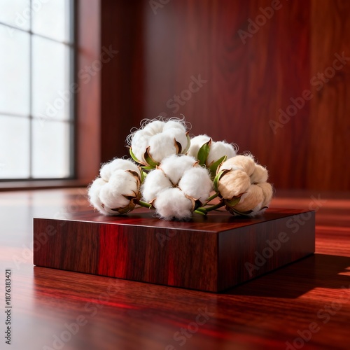 Raw Cotton Blooms on Matte Mahogany Platform - Natural Mater